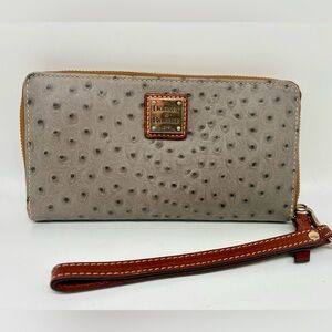 Dooney & Bourke Grey Ostrich Leather Large Zip Around Wristlet Wallet